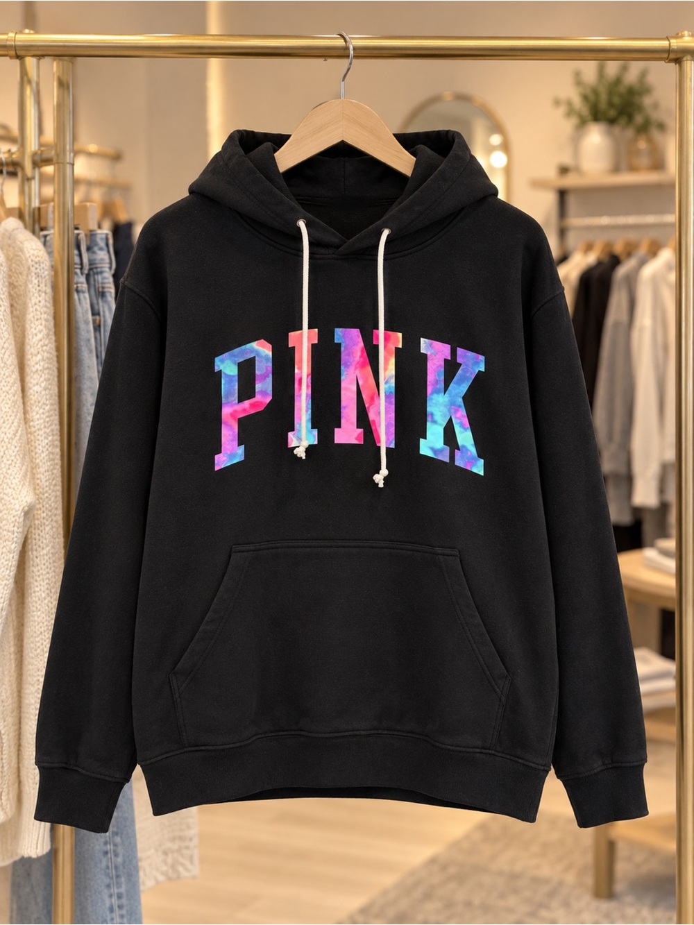PINK VINTAGE Victoria's Secret Black Hoodie with Watercolor Tie-Dye Logo